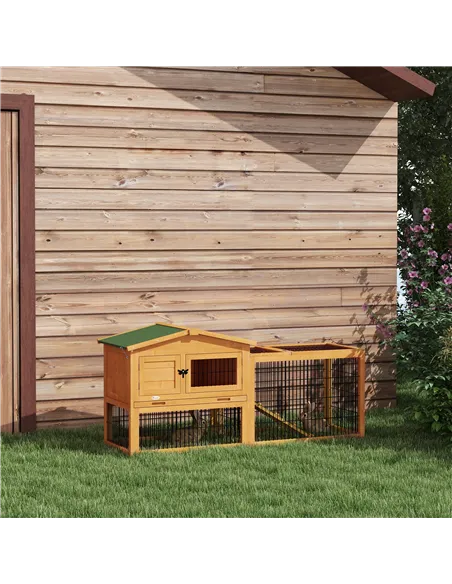 PawHut Wooden Rabbit Hutch with Outdoor Run Yellow