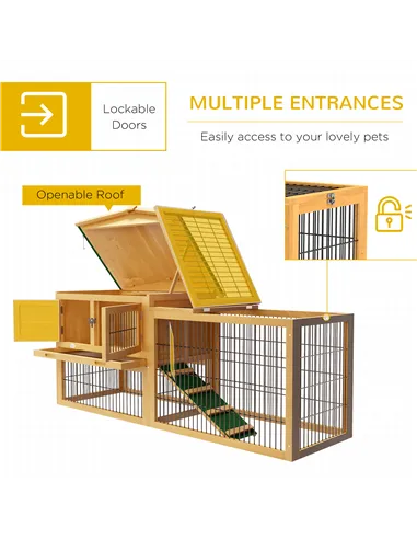PawHut Wooden Rabbit Hutch with Outdoor Run Yellow
