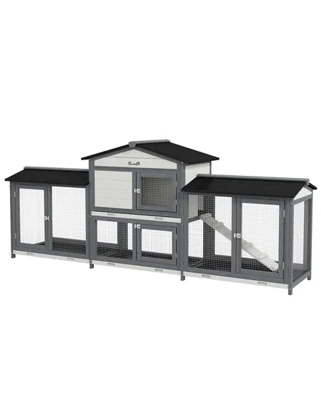PawHut 2-Tier Large Rabbit Hutch Outdoor with Double Side Run Boxes, No-leak Plastic Tray, Ramp, 230 x 53 x 93.5cm, Light Grey