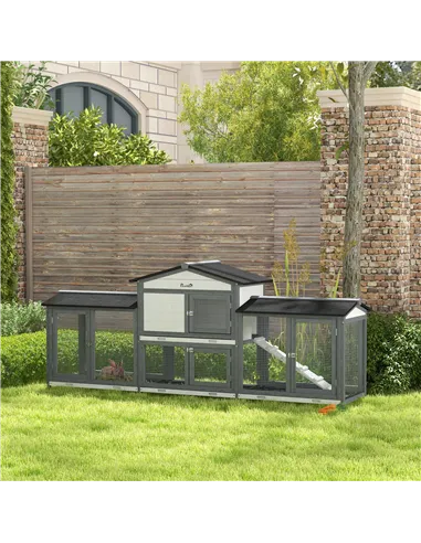 PawHut 2-Tier Large Rabbit Hutch Outdoor with Double Side Run Boxes, No-leak Plastic Tray, Ramp, 230 x 53 x 93.5cm, Light Grey