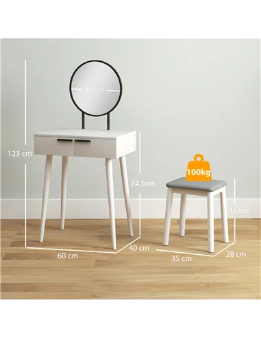 HOMCOM Dressing Table with Mirror and Stool, Vanity Makeup Desk Set with 2 Drawers, Cushioned Stool and Make-up Organiser for Be