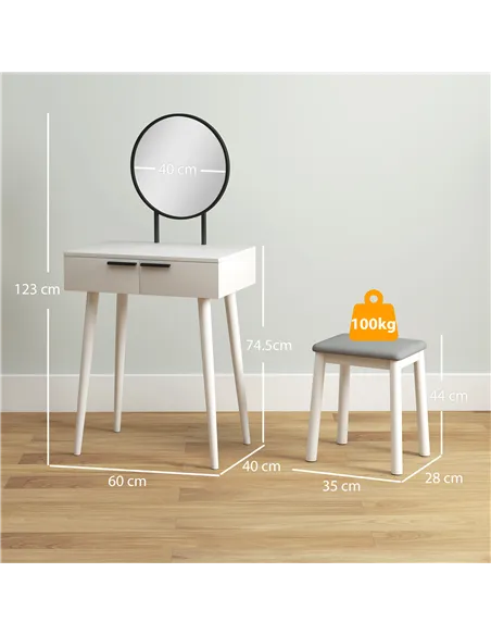 HOMCOM Dressing Table with Mirror and Stool, Vanity Makeup Desk Set with 2 Drawers, Cushioned Stool and Make-up Organiser for Be