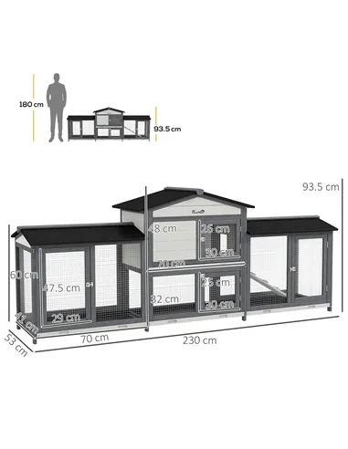 PawHut 2-Tier Large Rabbit Hutch Outdoor with Double Side Run Boxes, No-leak Plastic Tray, Ramp, 230 x 53 x 93.5cm, Light Grey
