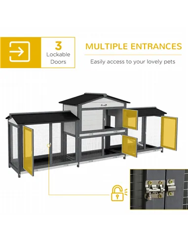 PawHut 2-Tier Large Rabbit Hutch Outdoor with Double Side Run Boxes, No-leak Plastic Tray, Ramp, 230 x 53 x 93.5cm, Light Grey