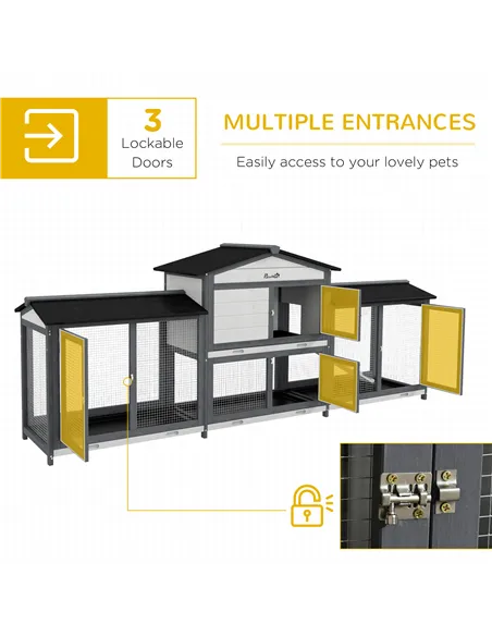 PawHut 2-Tier Large Rabbit Hutch Outdoor with Double Side Run Boxes, No-leak Plastic Tray, Ramp, 230 x 53 x 93.5cm, Light Grey