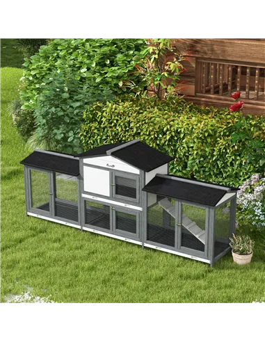 PawHut 2-Tier Large Rabbit Hutch Outdoor with Double Side Run Boxes, No-leak Plastic Tray, Ramp, 230 x 53 x 93.5cm, Light Grey