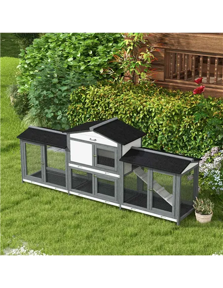 PawHut 2-Tier Large Rabbit Hutch Outdoor with Double Side Run Boxes, No-leak Plastic Tray, Ramp, 230 x 53 x 93.5cm, Light Grey