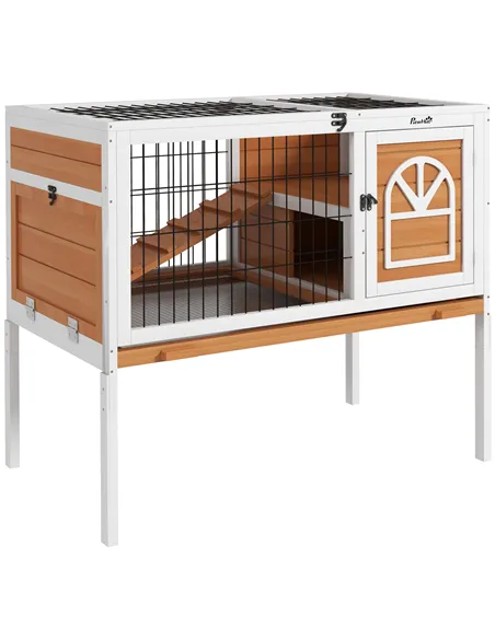 PawHut Wooden Rabbit Hutch, Guinea Pig Cage, with Removable Tray, Openable Roof
