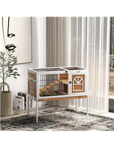PawHut Wooden Rabbit Hutch, Guinea Pig Cage, with Removable Tray, Openable Roof 2
