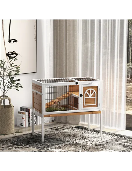 PawHut Wooden Rabbit Hutch, Guinea Pig Cage, with Removable Tray, Openable Roof