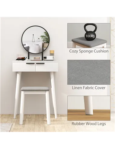 HOMCOM Dressing Table with Mirror and Stool, Vanity Makeup Desk Set with 2 Drawers, Cushioned Stool and Make-up Organiser for Be