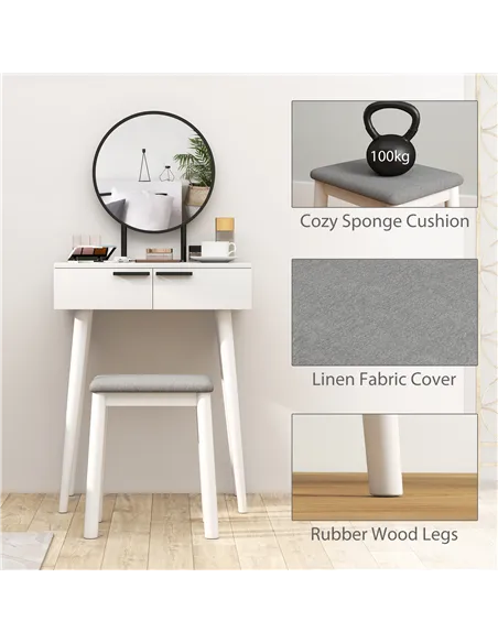 HOMCOM Dressing Table with Mirror and Stool, Vanity Makeup Desk Set with 2 Drawers, Cushioned Stool and Make-up Organiser for Be