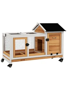 PawHut Wooden Rabbit Hutch, Guinea Pig Cage, with Removable Tray, Wheels - Yellow