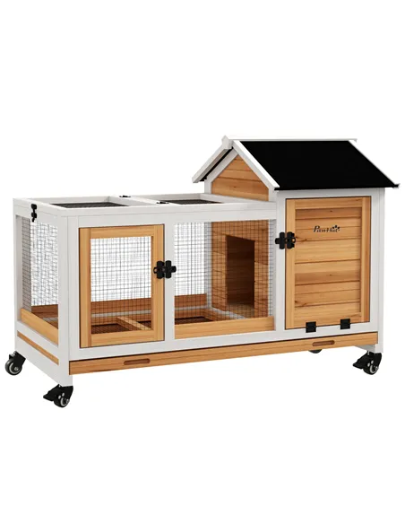 PawHut Wooden Rabbit Hutch, Guinea Pig Cage, with Removable Tray, Wheels - Yellow