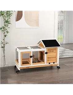 PawHut Wooden Rabbit Hutch, Guinea Pig Cage, with Removable Tray, Wheels - Yellow 2