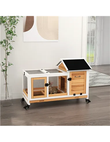 PawHut Wooden Rabbit Hutch, Guinea Pig Cage, with Removable Tray, Wheels - Yellow