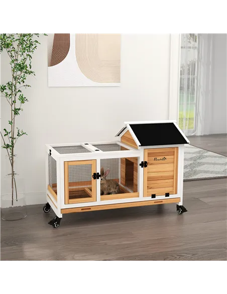 PawHut Wooden Rabbit Hutch, Guinea Pig Cage, with Removable Tray, Wheels - Yellow