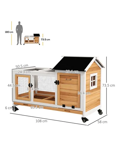 PawHut Wooden Rabbit Hutch, Guinea Pig Cage, with Removable Tray, Wheels - Yellow