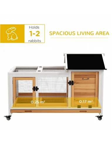 PawHut Wooden Rabbit Hutch, Guinea Pig Cage, with Removable Tray, Wheels - Yellow