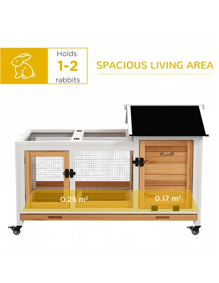 PawHut Wooden Rabbit Hutch, Guinea Pig Cage, with Removable Tray, Wheels - Yellow