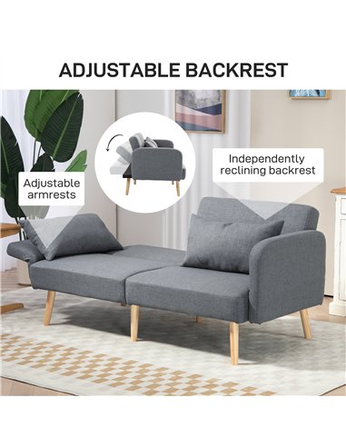 HOMCOM Two-Seater Click-Clack Sofa Bed, with Pillows - Grey
