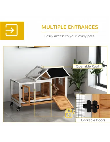 PawHut Wooden Rabbit Hutch, Guinea Pig Cage, with Removable Tray, Wheels - Yellow