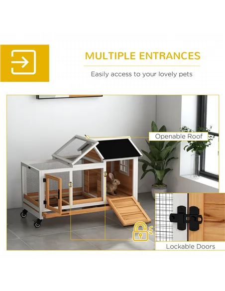 PawHut Wooden Rabbit Hutch, Guinea Pig Cage, with Removable Tray, Wheels - Yellow