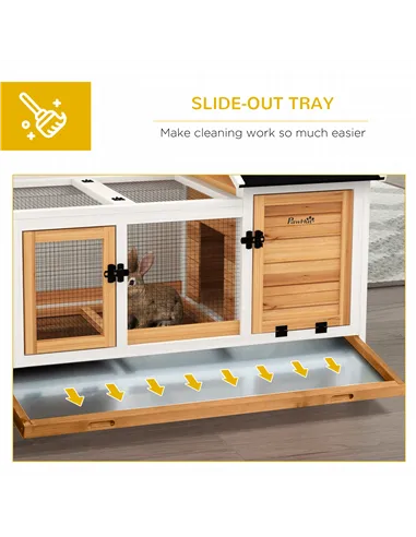 PawHut Wooden Rabbit Hutch, Guinea Pig Cage, with Removable Tray, Wheels - Yellow