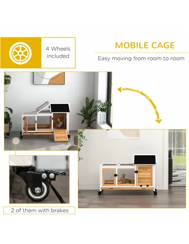 PawHut Wooden Rabbit Hutch, Guinea Pig Cage, with Removable Tray, Wheels - Yellow