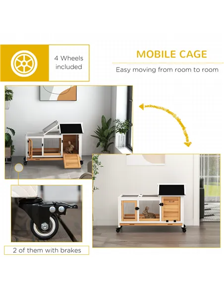 PawHut Wooden Rabbit Hutch, Guinea Pig Cage, with Removable Tray, Wheels - Yellow
