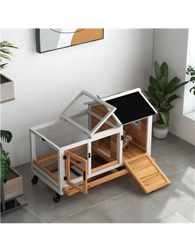 PawHut Wooden Rabbit Hutch, Guinea Pig Cage, with Removable Tray, Wheels - Yellow