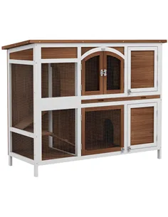 PawHut Two-Tier Wooden Pet Hutch with Openable Roof, Slide-Out Tray