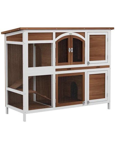 PawHut Two-Tier Wooden Pet Hutch with Openable Roof, Slide-Out Tray
