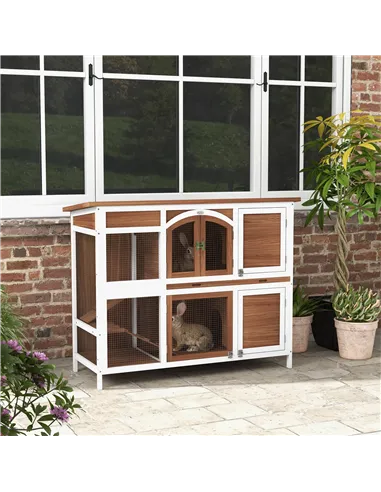 PawHut Two-Tier Wooden Pet Hutch with Openable Roof, Slide-Out Tray