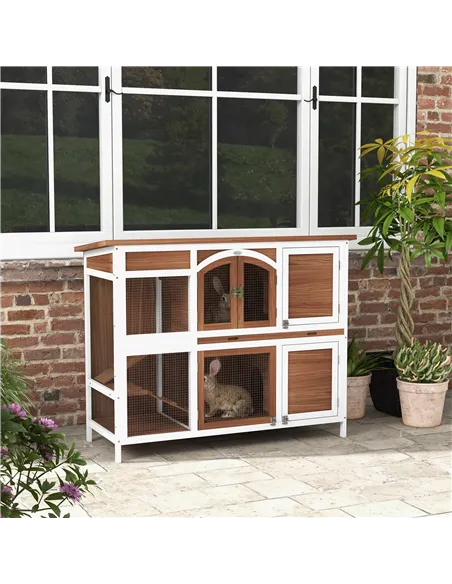 PawHut Two-Tier Wooden Pet Hutch with Openable Roof, Slide-Out Tray