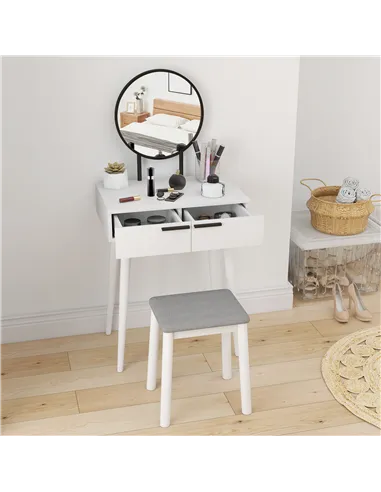 HOMCOM Dressing Table with Mirror and Stool, Vanity Makeup Desk Set with 2 Drawers, Cushioned Stool and Make-up Organiser for Be
