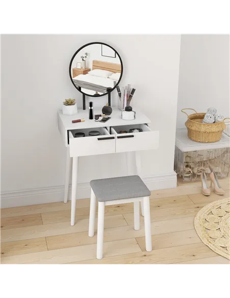 HOMCOM Dressing Table with Mirror and Stool, Vanity Makeup Desk Set with 2 Drawers, Cushioned Stool and Make-up Organiser for Be