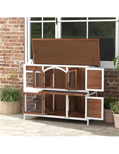 PawHut Two-Tier Wooden Pet Hutch with Openable Roof, Slide-Out Tray