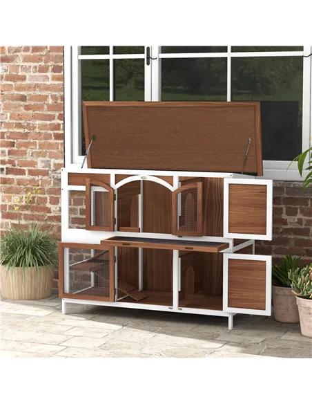 PawHut Two-Tier Wooden Pet Hutch with Openable Roof, Slide-Out Tray