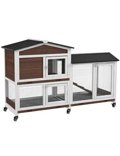 PawHut Wooden Two-Tier Pet Hutch with Wheels, Run - Brown