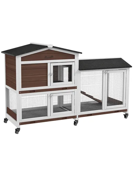 PawHut Wooden Two-Tier Pet Hutch with Wheels, Run - Brown