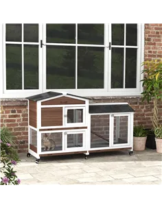 PawHut Wooden Two-Tier Pet Hutch with Wheels, Run - Brown 2