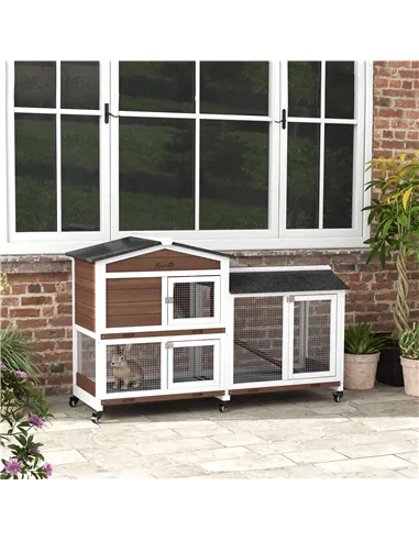 PawHut Wooden Two-Tier Pet Hutch with Wheels, Run - Brown