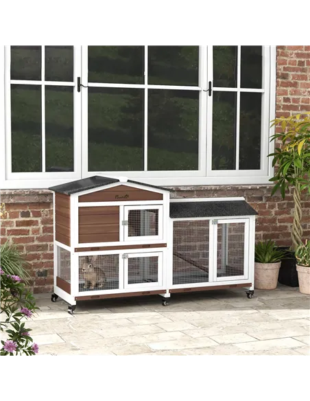 PawHut Wooden Two-Tier Pet Hutch with Wheels, Run - Brown
