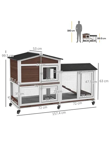 PawHut Wooden Two-Tier Pet Hutch with Wheels, Run - Brown