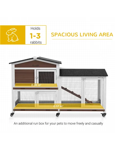 PawHut Wooden Two-Tier Pet Hutch with Wheels, Run - Brown