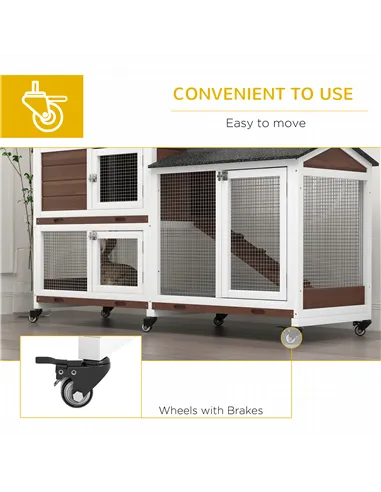 PawHut Wooden Two-Tier Pet Hutch with Wheels, Run - Brown