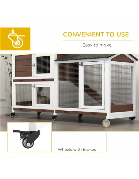 PawHut Wooden Two-Tier Pet Hutch with Wheels, Run - Brown