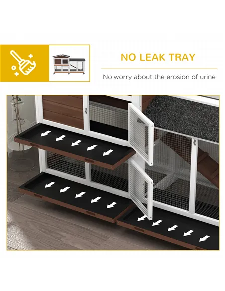PawHut Wooden Two-Tier Pet Hutch with Wheels, Run - Brown