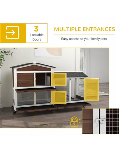 PawHut Wooden Two-Tier Pet Hutch with Wheels, Run - Brown